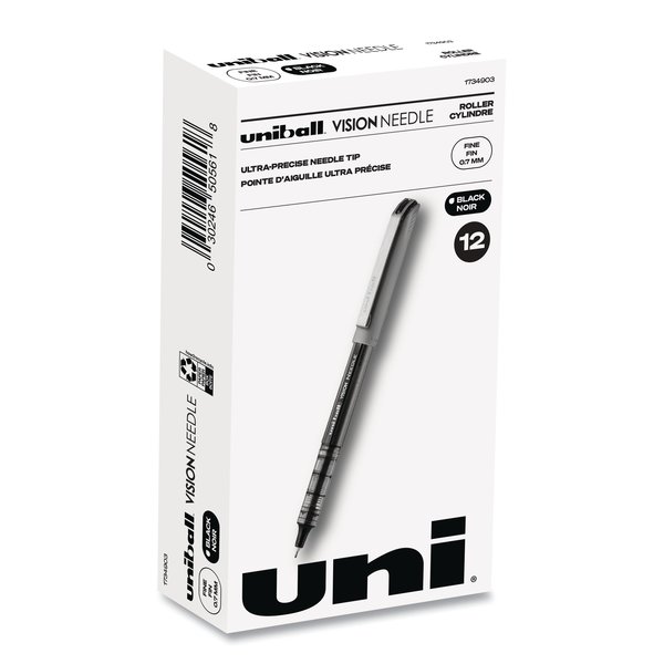 Uni-Ball Needle Stick Roller Ball Pen, Fine 0.7mm, Blk Ink, Silver Barrel, PK12 1734903